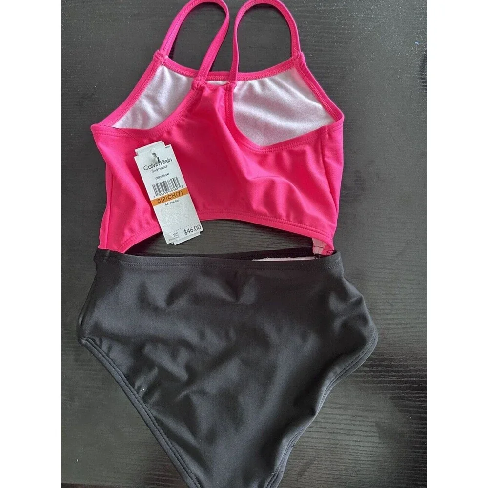 Calvin Klein Big Girls Cutout Color Block Bikini Swimsuit One Piece Pink Black 7